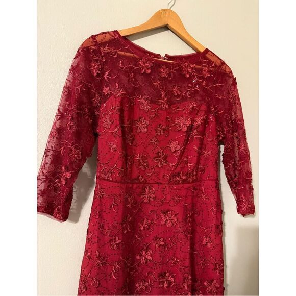 Adrianna Papell Size 6 Sequin Embroidered Midi Dress Red Mesh Overlay Evening - Picture 5 of 13